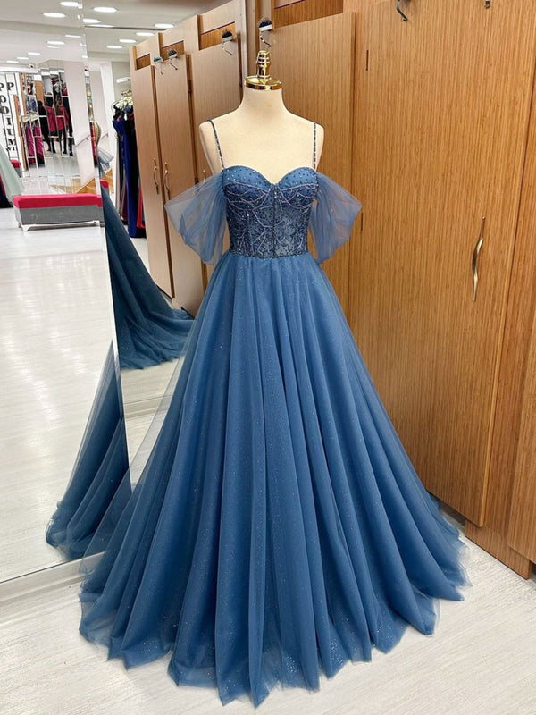 A-Line Sweetheart Neck Beading Tulle Blue Long Prom Dress, Blue Formal Dress