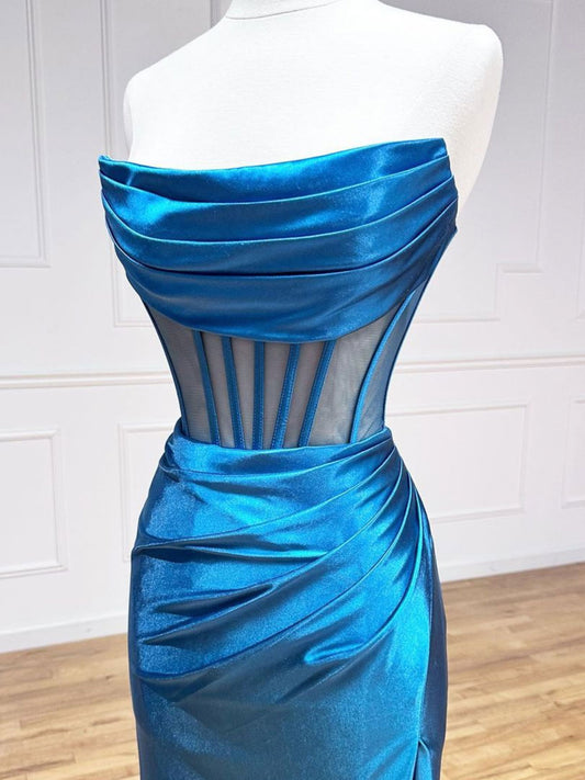Blue Satin Long Prom Dress