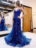 Dark Blue Mermaid Long Prom Dresses, Blue Lace Long Evening Dress