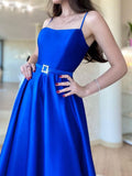 Simple Blue Satin Long Prom Dresses, Blue Formal Party Dress