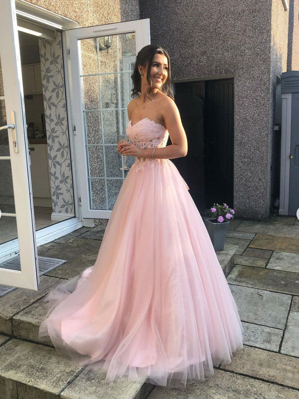 A-Line Sweetheart Neck Tulle Lace Long Prom Dress,  Pink Formal Evening Dress
