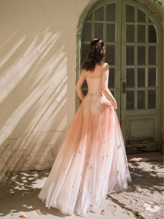 Unique v neck sequin tulle long prom dress orange pink formal evening dress
