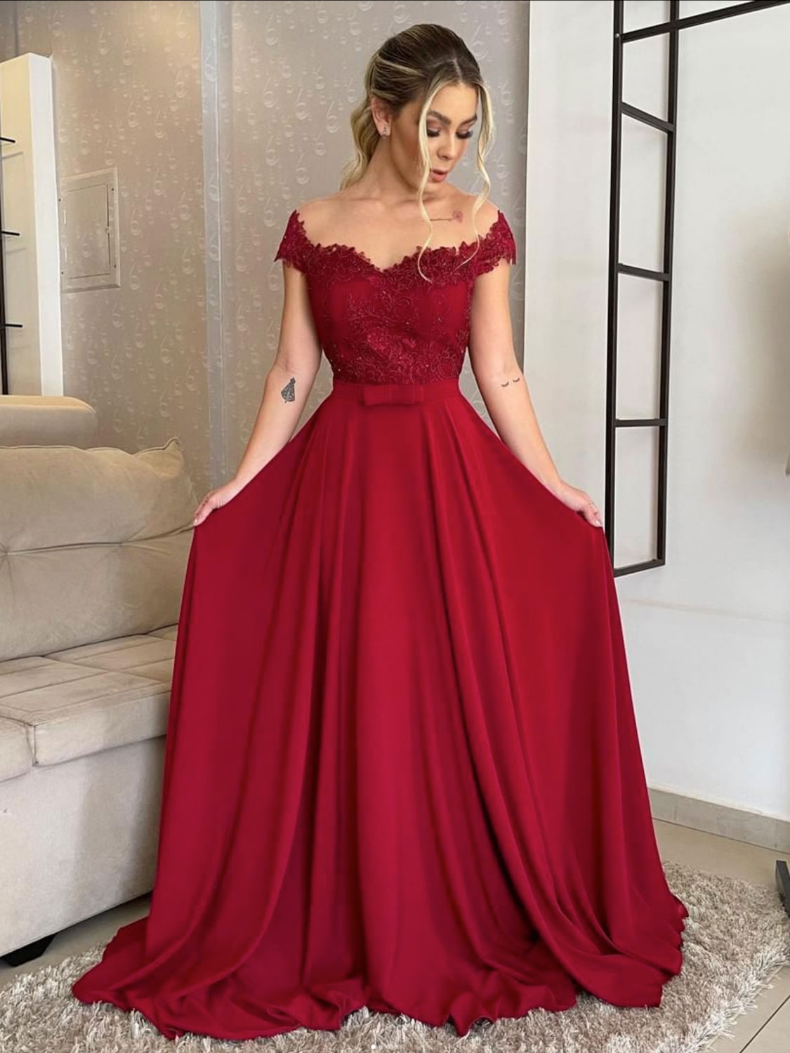 Burgundy Aline chiffon lace long prom dress, burgundy evening dress