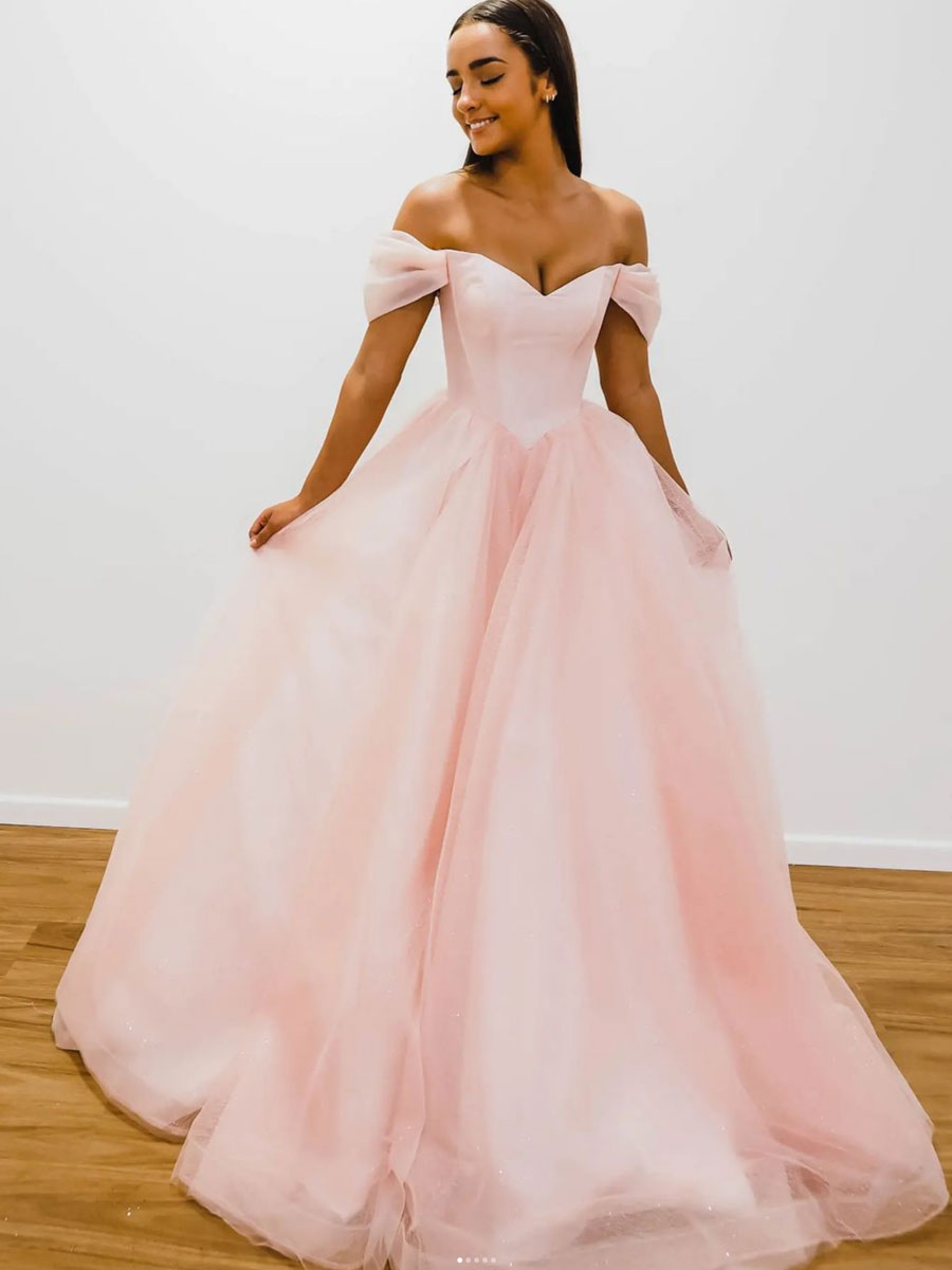 Pink off shoulder tulle long prom dress, pink A line evening dress