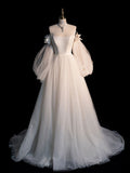 Champagne A line tulle long prom dress long sleeves tulle long formal dress
