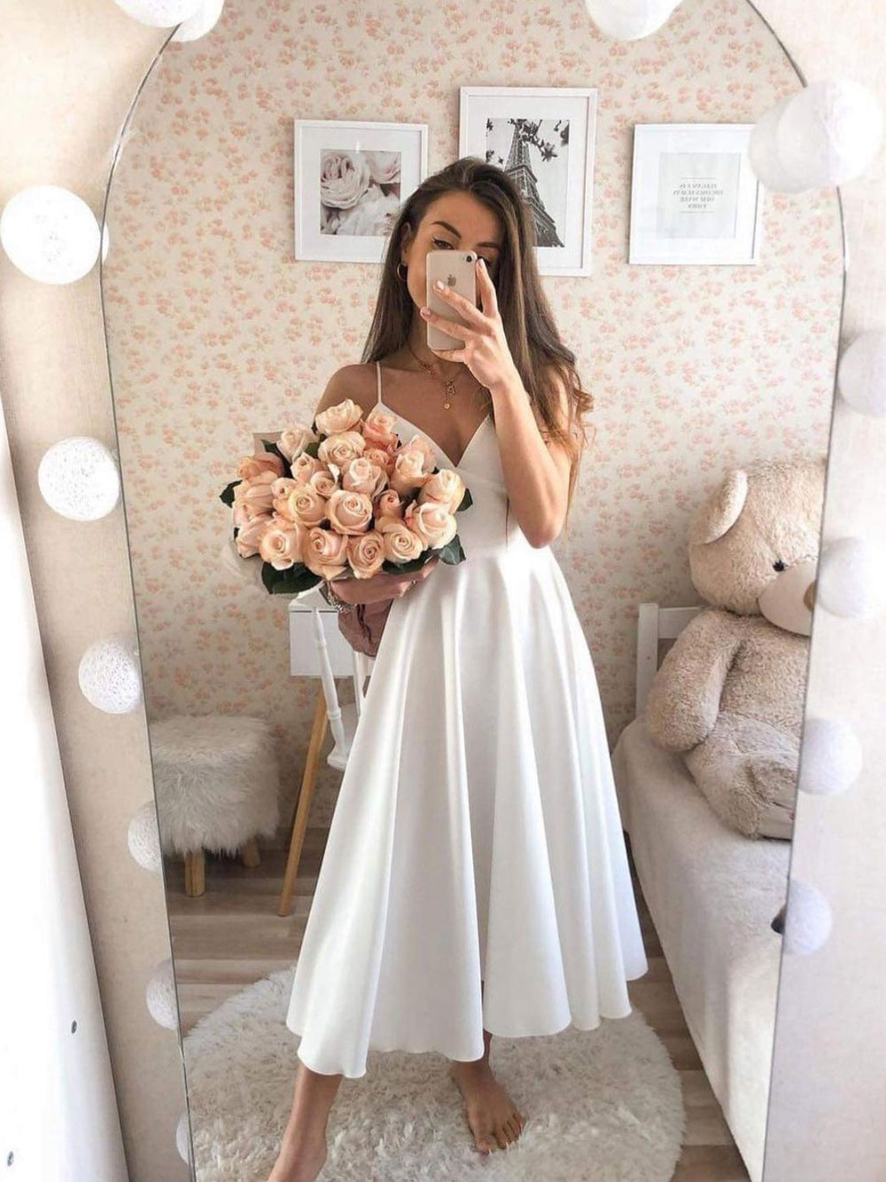 White v neck tea length prom dress white satin bridesmaid dress
