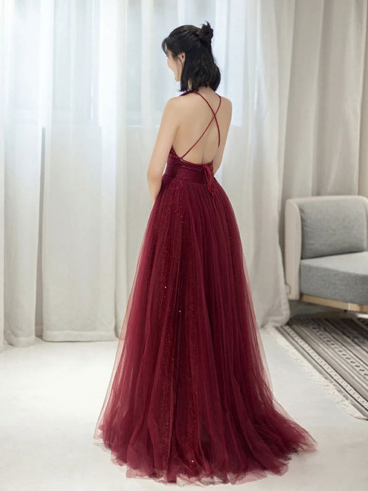 Burgundy Aline v neck tulle sequin long prom dress burgundy evening dress