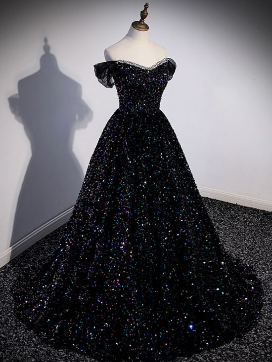 Black Sequins Off The Shoulder A-line Prom Dress
