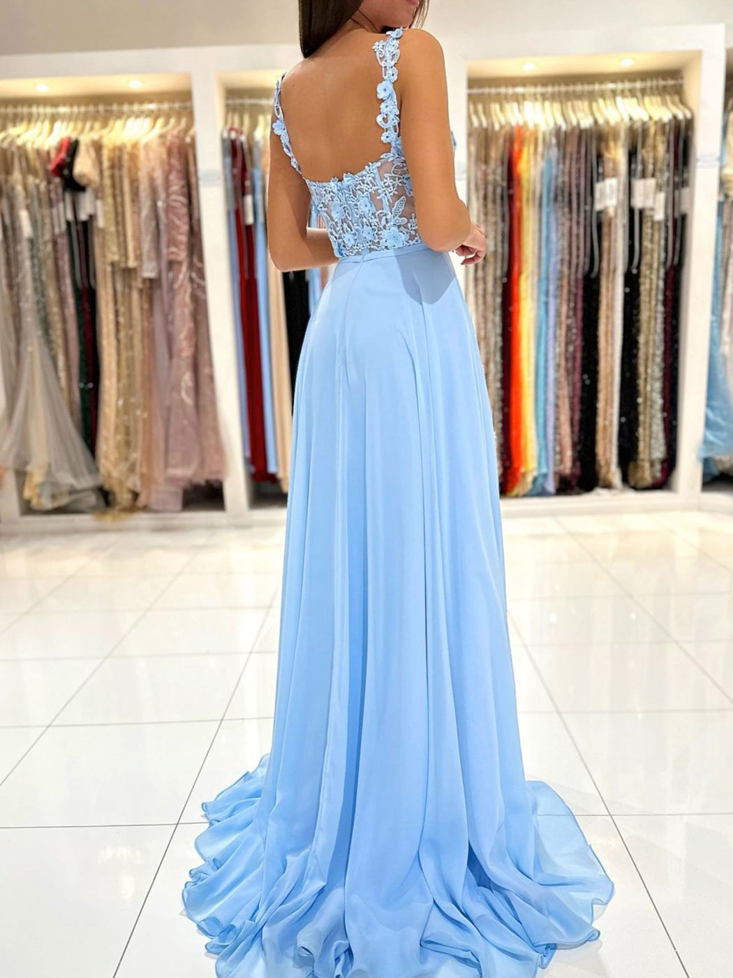 Blue A-Line Chiffon Lace Long Prom Dress, Blue Chiffon Long Formal Dress