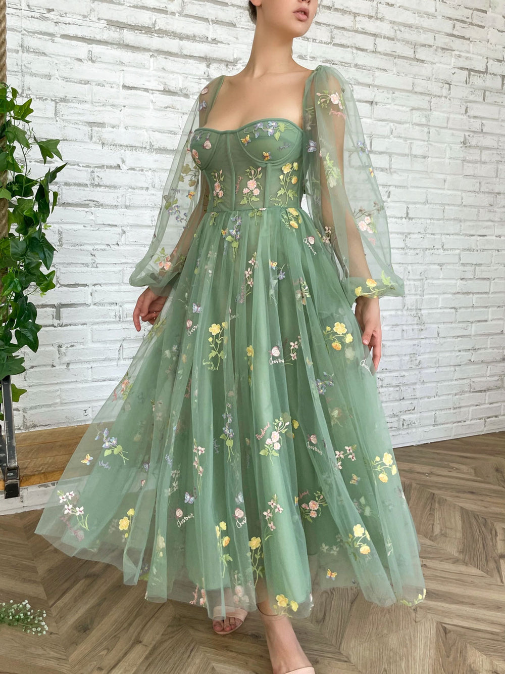 Green tulle lace tea length prom dress, green evening dress