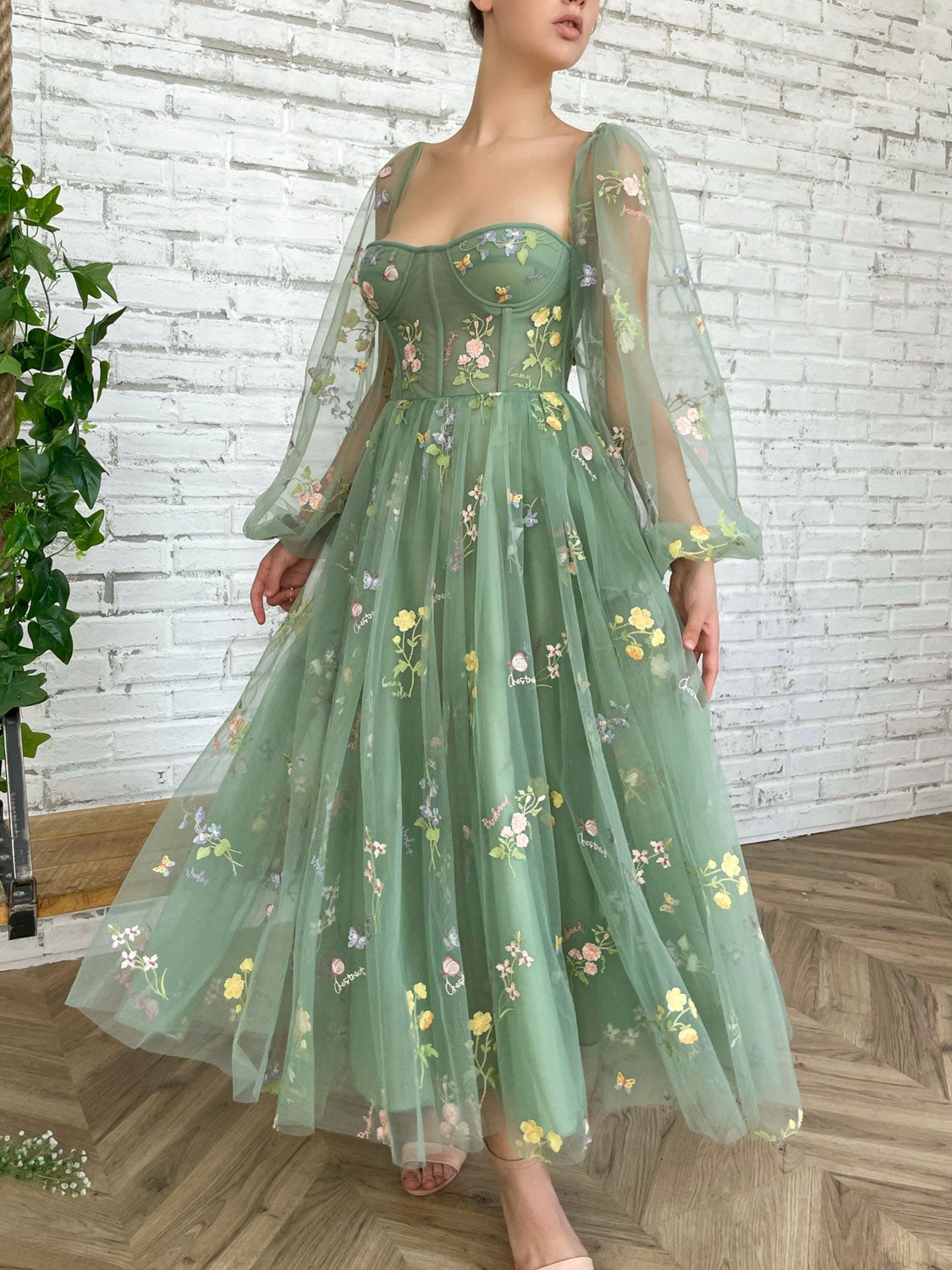 Green tulle lace tea length prom dress, green evening dress