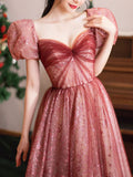 Unique sweetheart neck tulle long prom dress puff sleeves long formal dress
