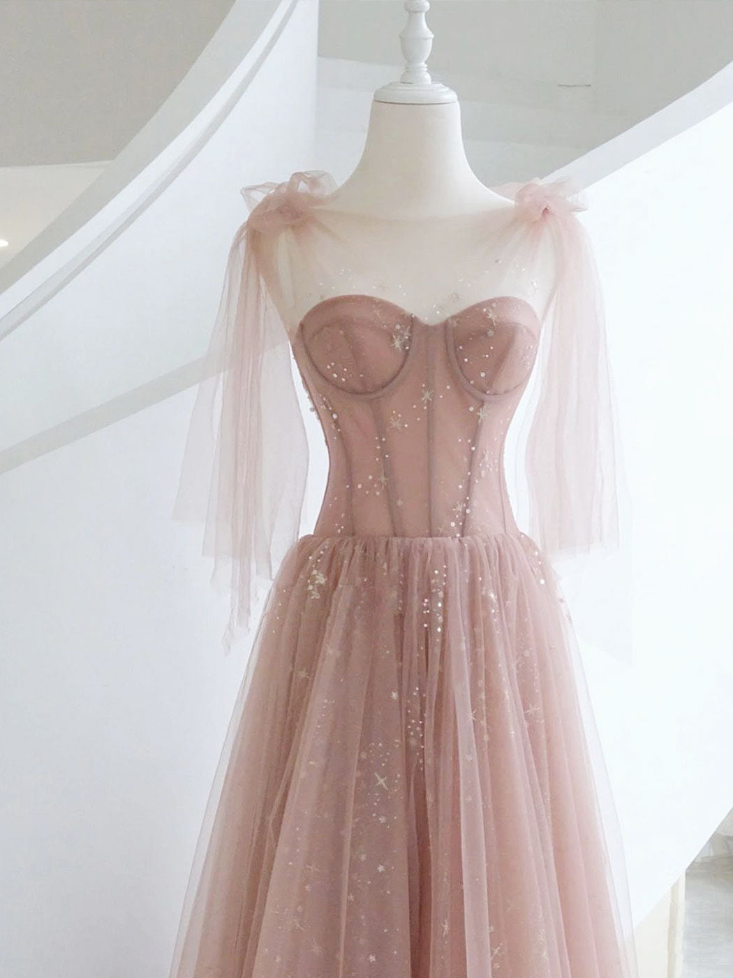 Pink A-Line Tulle Long Prom Dress, Pink Formal Graduation Dress