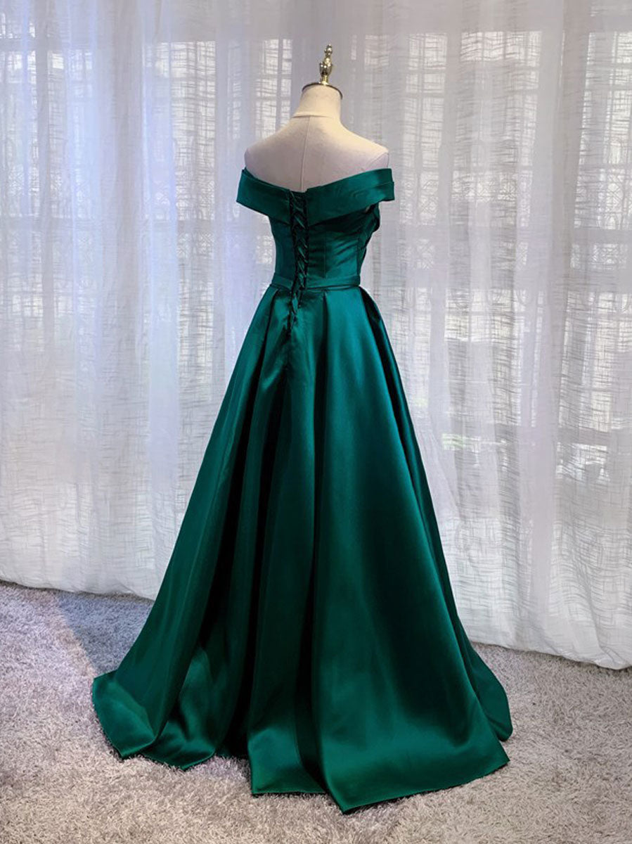 Simple green satin off shoulder long prom dress, green bridesmaid dress