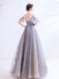 A-Line Scoop Neckline Gray Long Prom Dress, Tulle Lace Evening Dresses