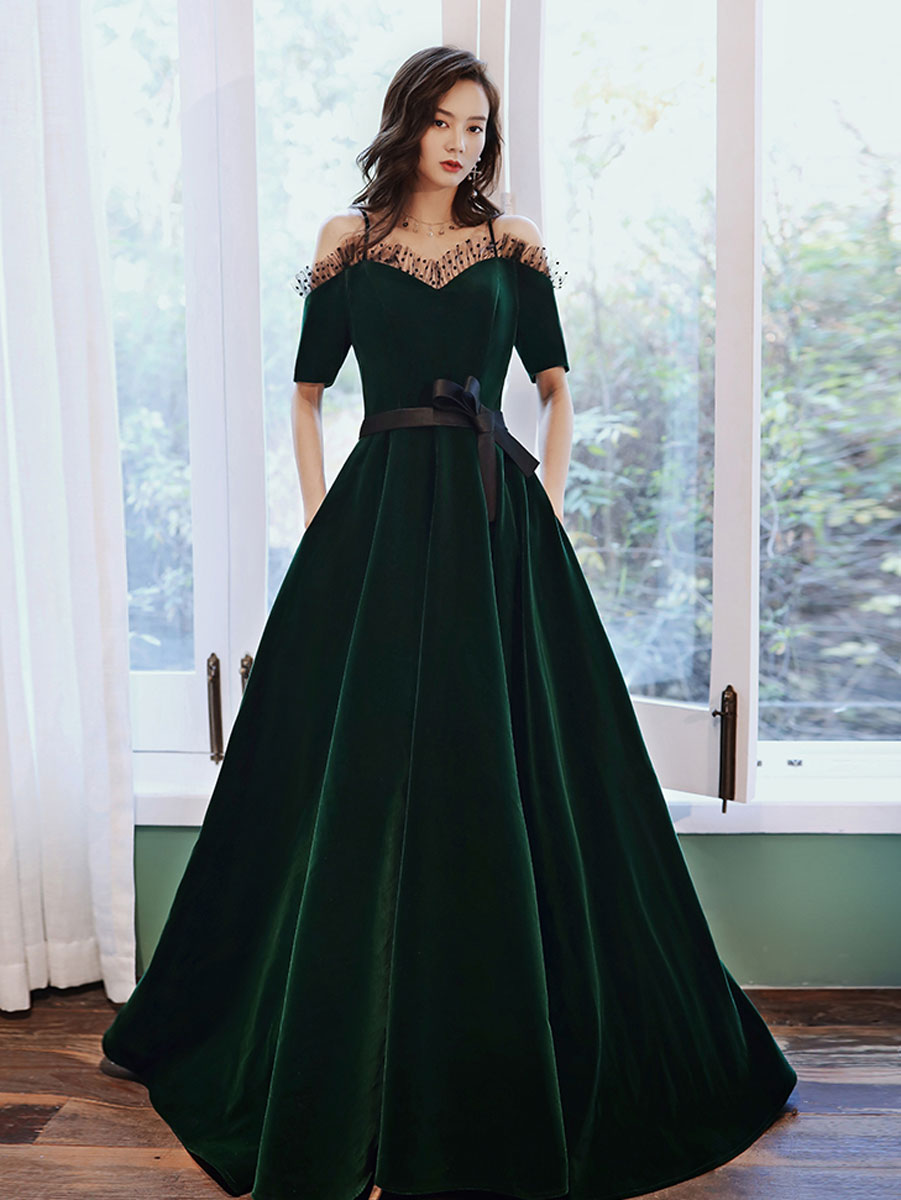 Green A line velvet long prom dress, green evening dress