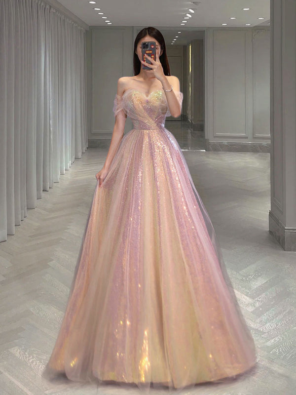 Unique A line tulle long prom dress tulle formal evening dress