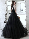 Black A line tulle beads long prom dress, black evening dress