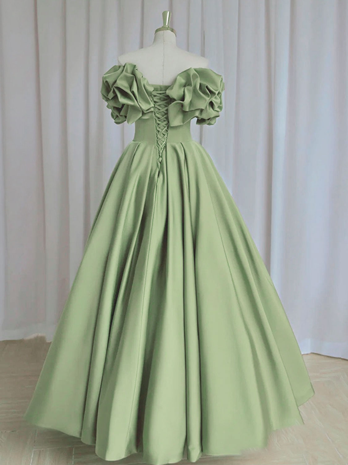 A-Line off Shoulder Satin Green Long Prom Dress