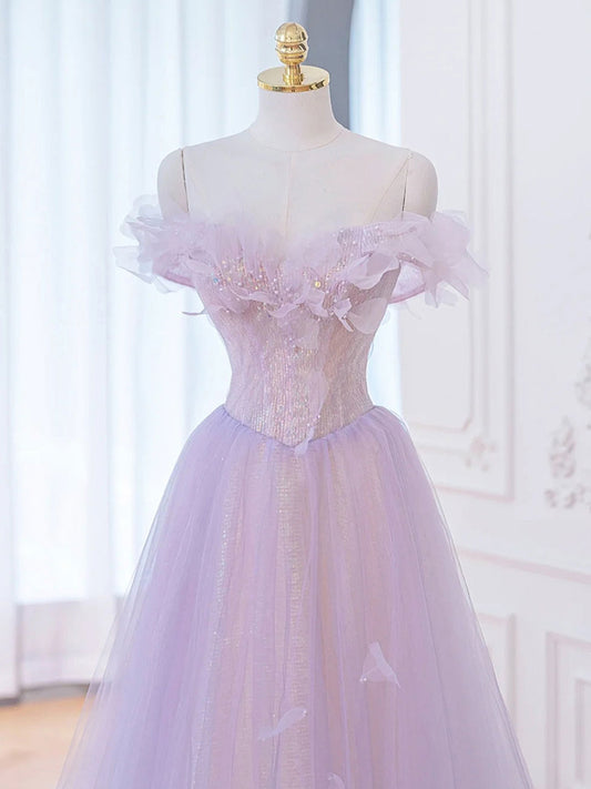 A-Line Purple Off Shoulder Long Prom Dress, Purple Formal Evening Dresses