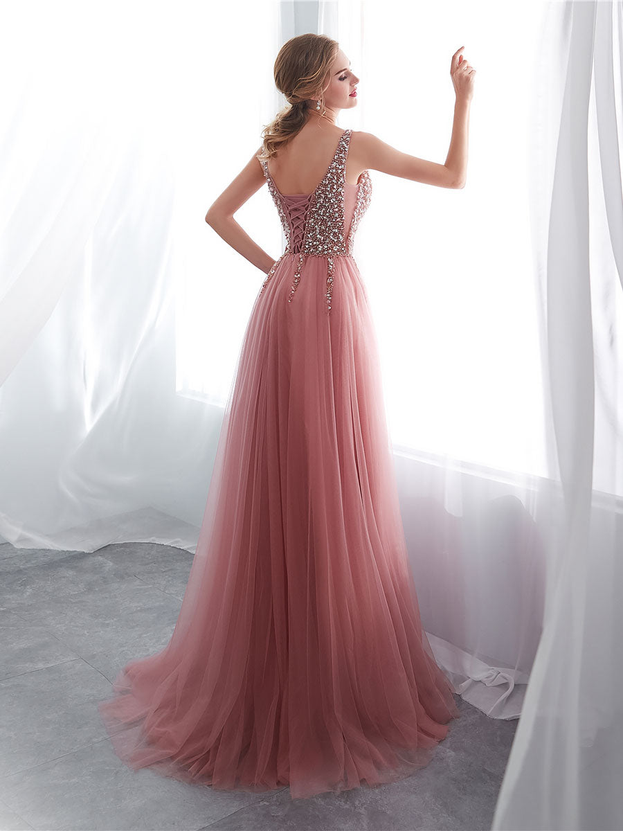 Pink A line v neck beads long prom dress pink tulle formal evening dress
