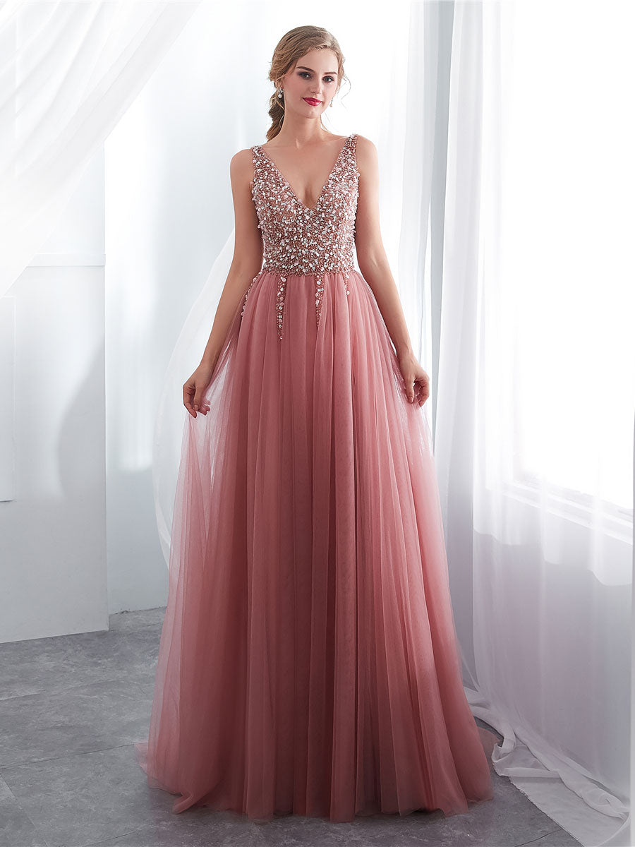 Pink A line v neck beads long prom dress pink tulle formal evening dress