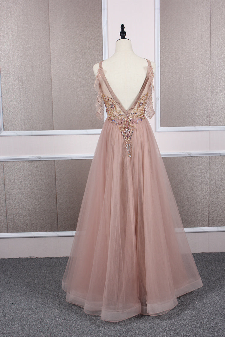 Champagne tulle beads long prom dress champagne evening dress