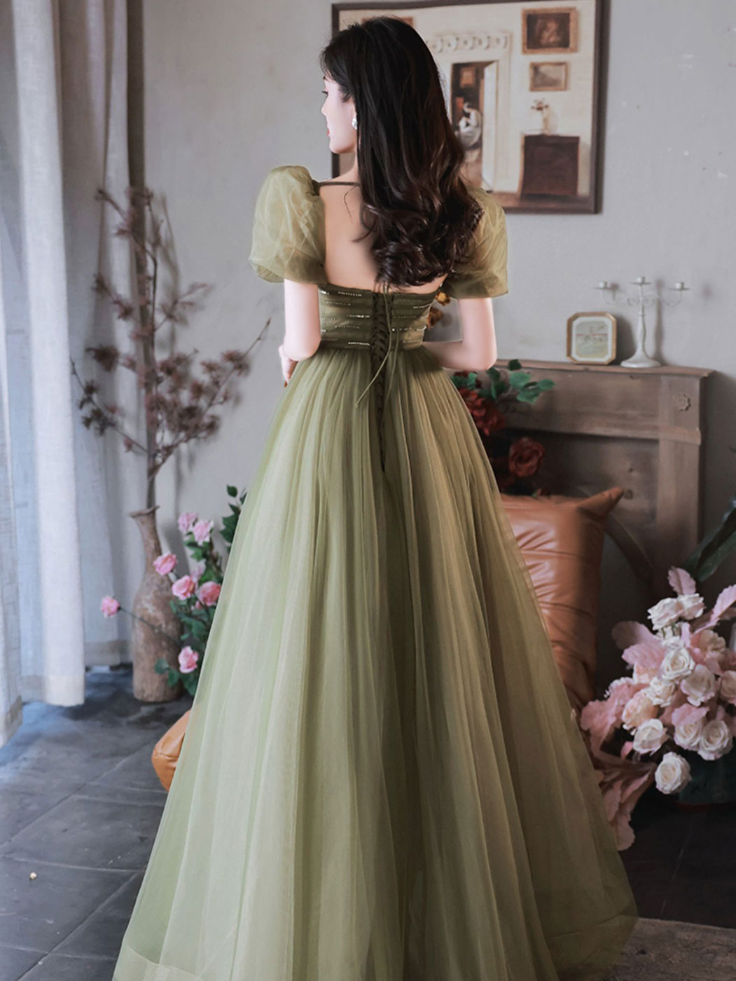 A-Line Green Sequin Tulle Long Prom Dress, Green Formal Party Dress