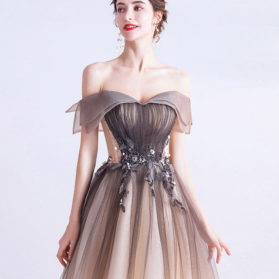 A-Line Off Shoulder Brown Long Prom Dress, Brown Tulle Formal Evening dresstby A-Line Off Shoulder Brown Long Prom Dress, Brown Tulle Formal Evening dresstby