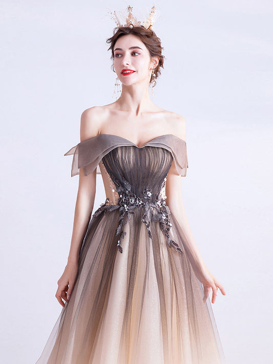 A-Line Off Shoulder Brown Long Prom Dress, Brown Tulle Formal Evening Dress