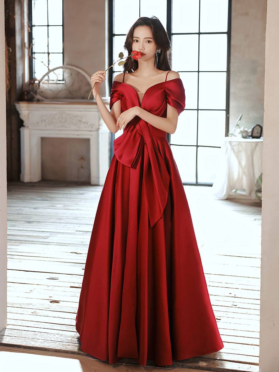 Burgundy off shoulder satin long prom dress burgundy evening dress