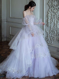 Purple tulle sequin long prom dress, purple tulle evening dress