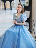 Blue A-Line V  Neck Sequin Tulle Long Prom Dress