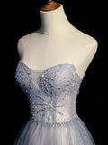 A line tulle gray blue long prom dress, gray formal dress
