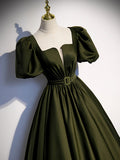 Green satin A line long prom dress, green formal party dress