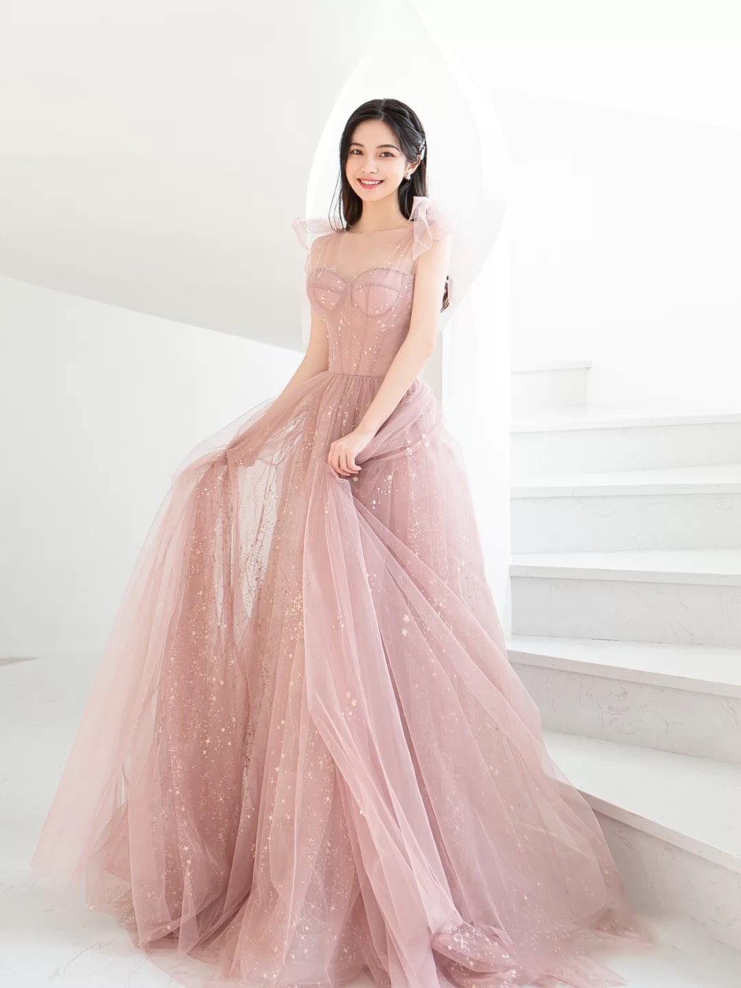 Pink A line tulle long prom dress, pink tulle formal dress