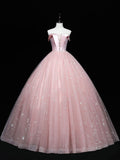 Pink Tulle Long Prom Dresses, Pink Ball Gown Sweet 16 Dress