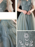 Green v neck tulle lace long prom dress green tulle formal dress