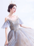 A-Line Scoop Neckline Gray Long Prom Dress, Tulle Lace Evening Dresses