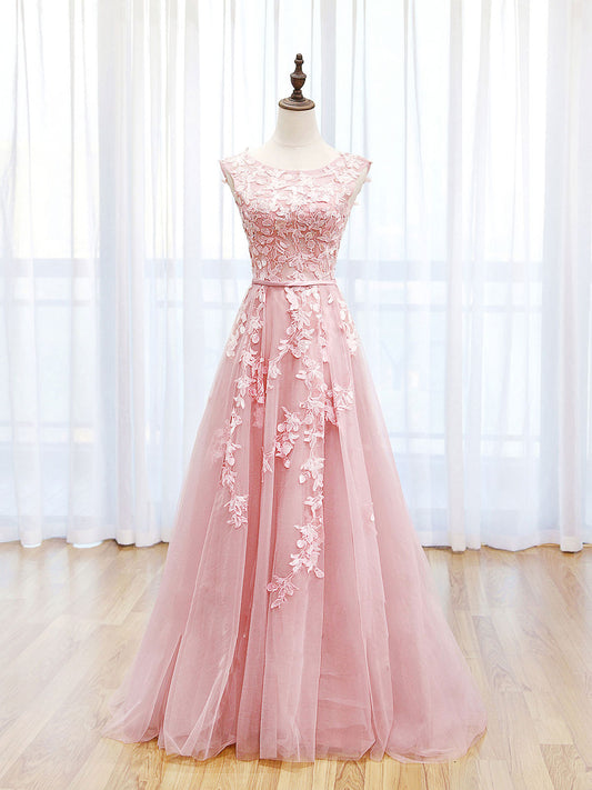 A-Line Lace Pink Long Prom Dress, Pink Lace Long Formal Dress Party Dress