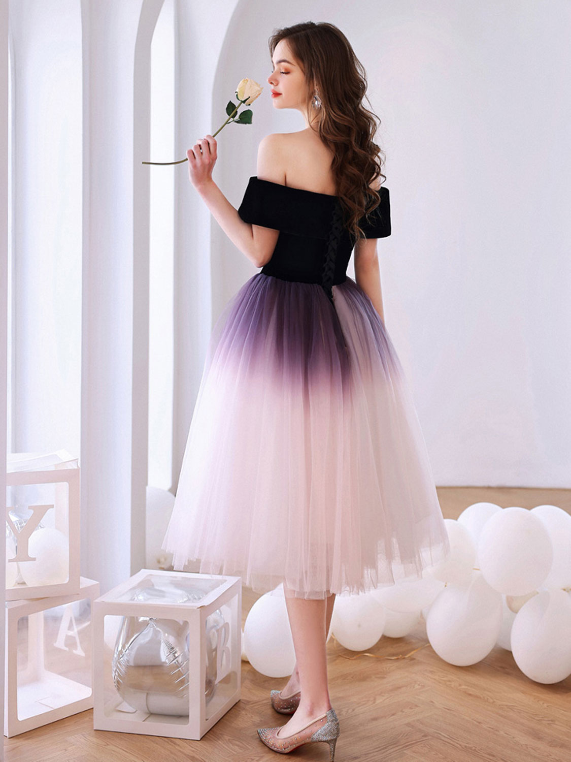 Purple off shoulder tulle short prom dress, tulle homecoming dress