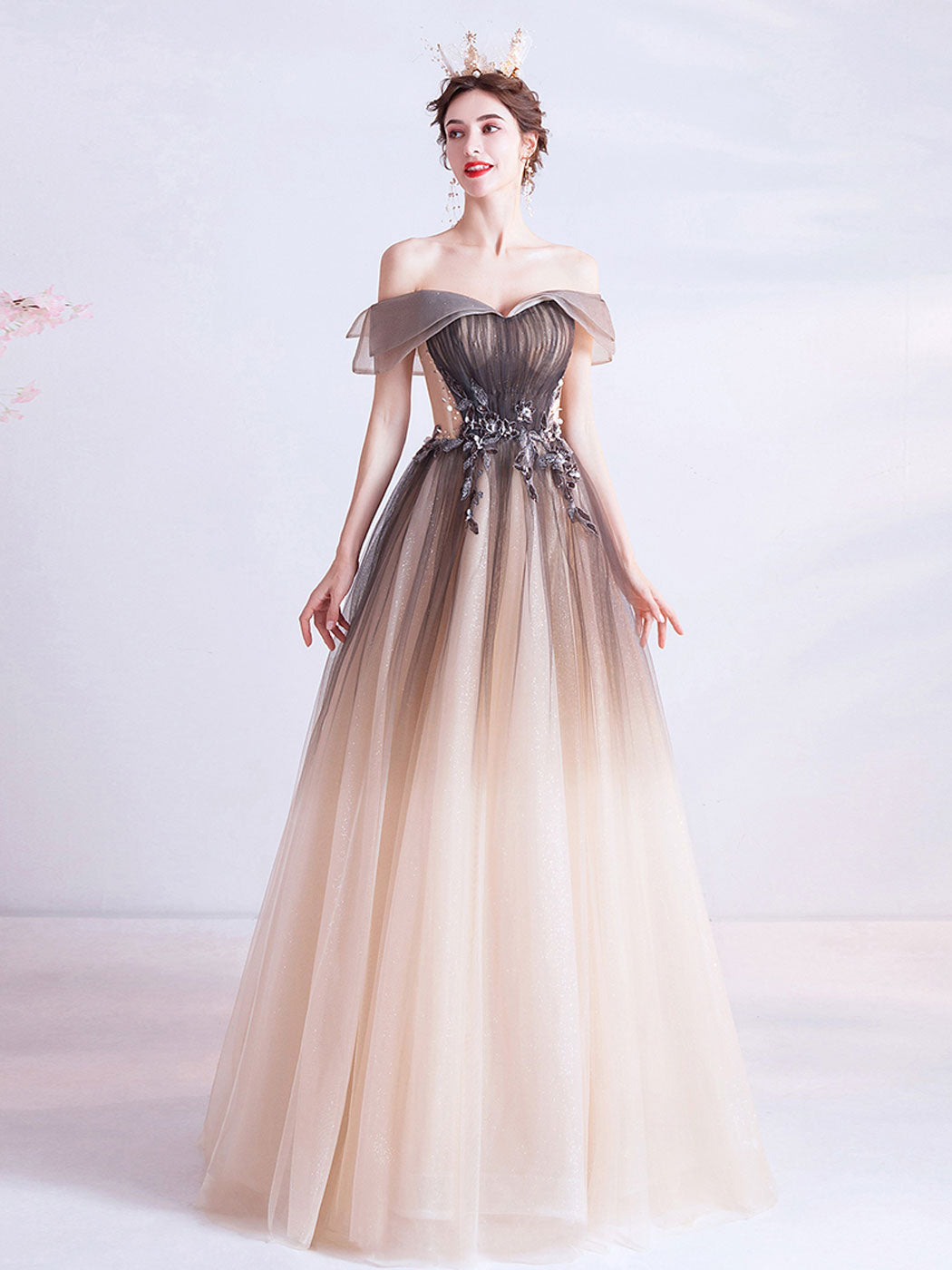 A-Line Off Shoulder Brown Long Prom Dress, Brown Tulle Formal Evening Dress