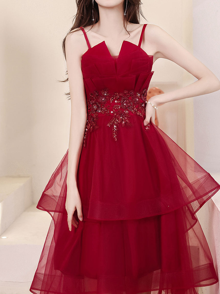 Burgundy Short Prom Dresses, High Low Burgundy Homecoming Dresses with Beading Sequin