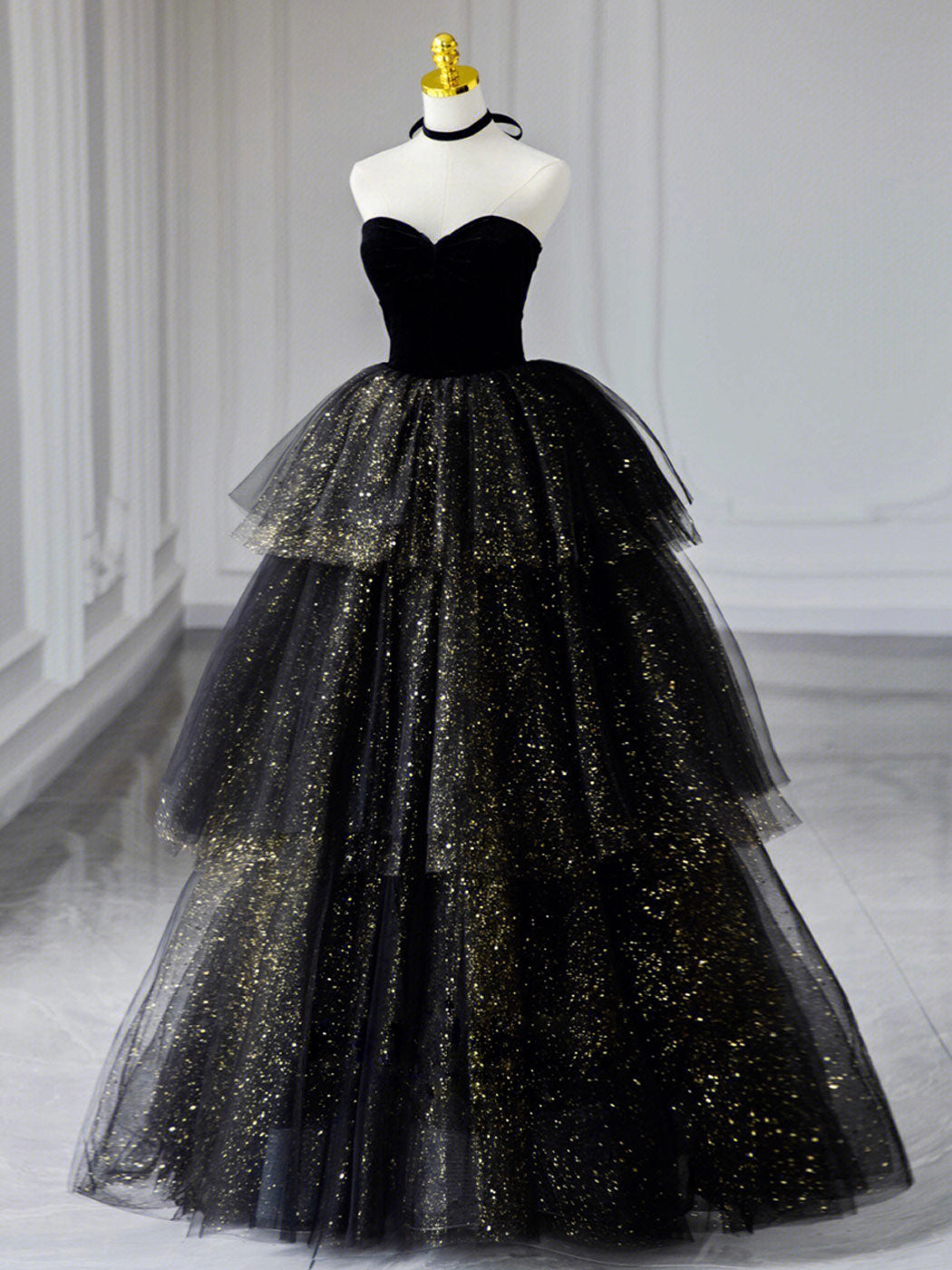 Black Sweetheart Neck Tulle Long Prom Dress, Black Formal Evening Dress
