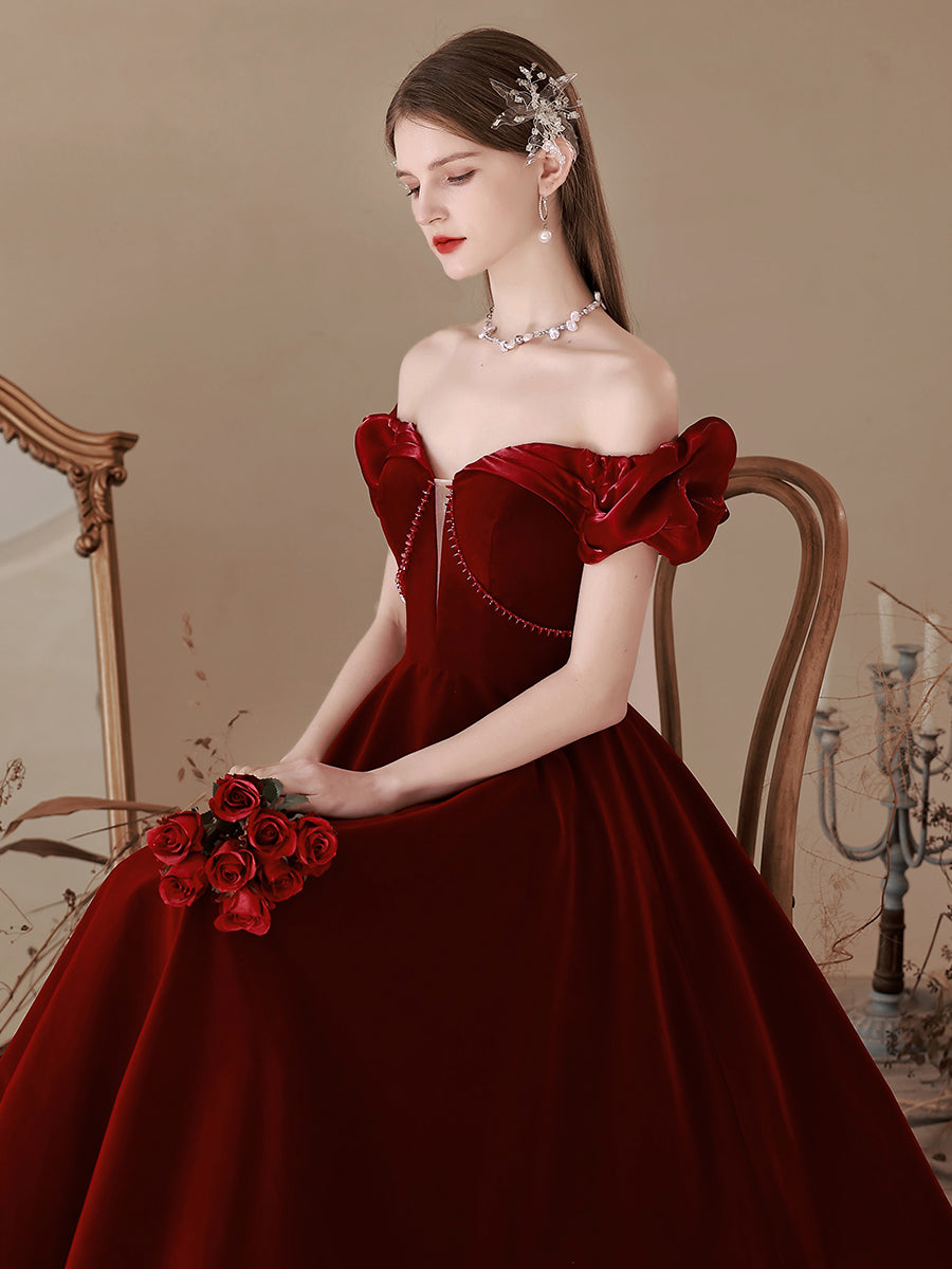 A-Line Off Shoulder Velvet Burgundy Long Prom Dress, Tea Burgundy Evening Dress
