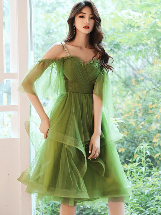 Green off shoulder tulle short prom dress green homecoming dress