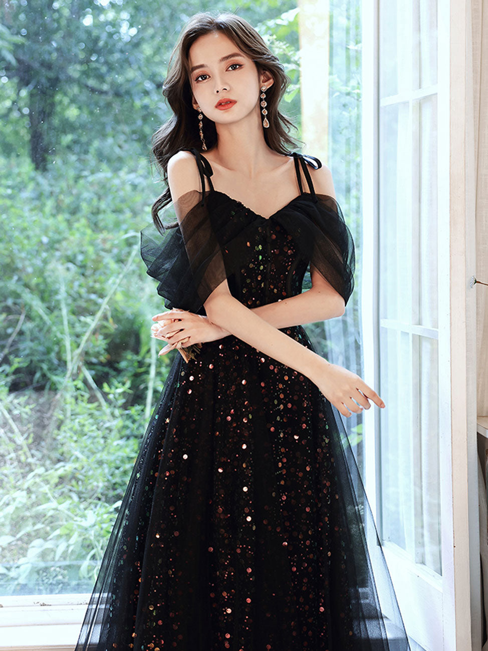 A Line Black Long Prom Dresses, Off Shoulder Tulle Long Evening Dress with Sequin Tulle