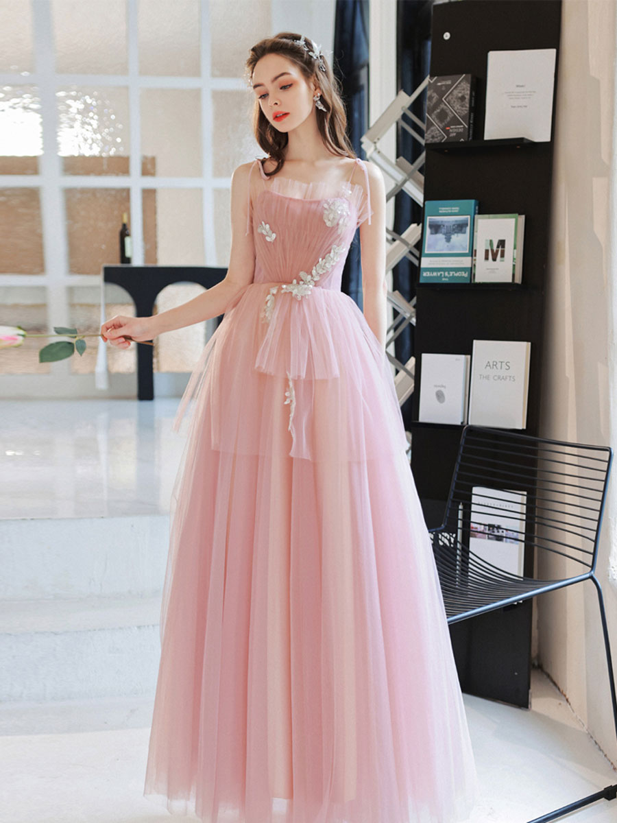 Pink tulle long prom dress, pink A line tulle lace graduation dress