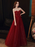 A line round neck tulle sequin long prom dress burgundy formal dress