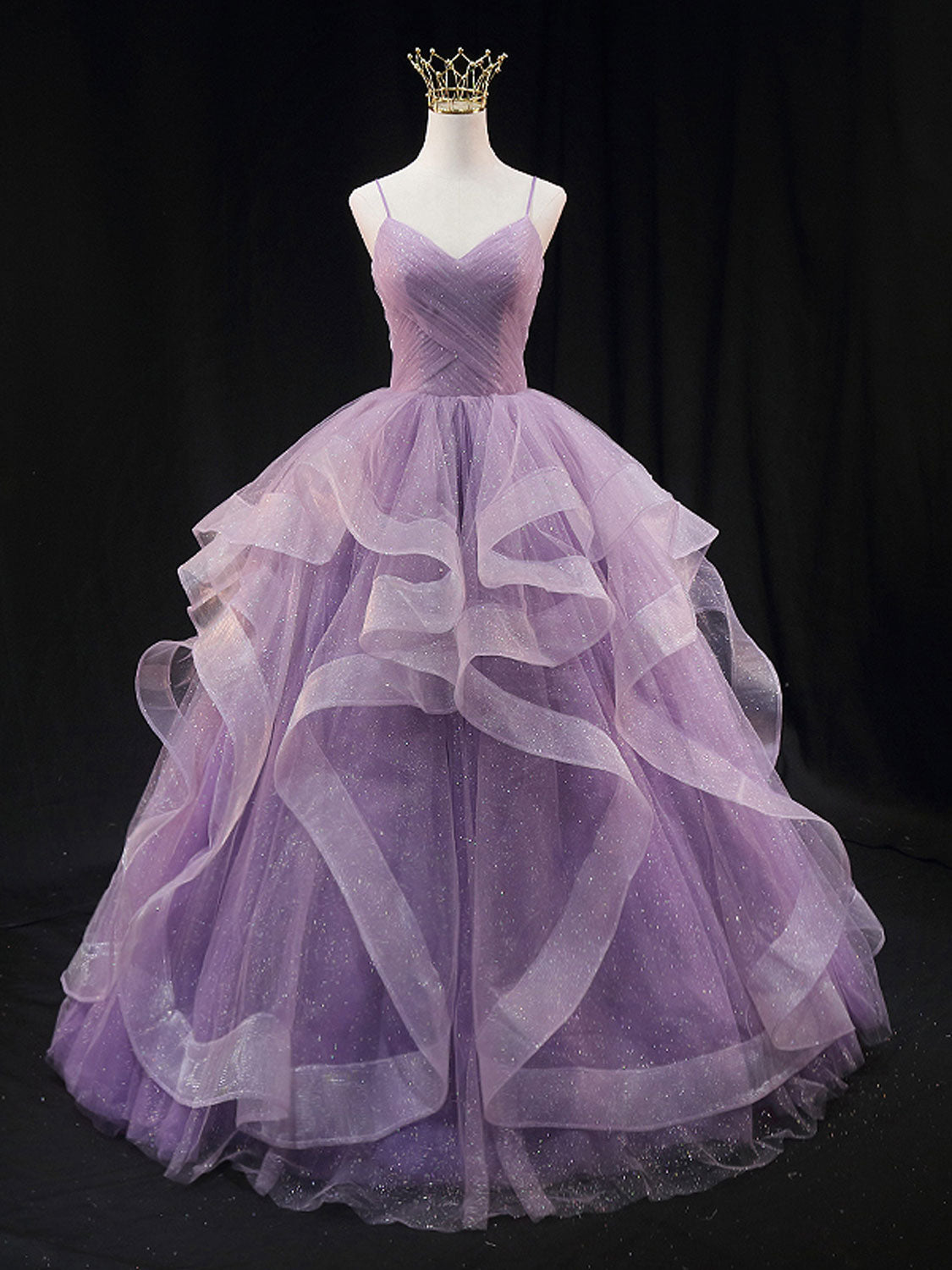 Purple v neck tulle sequin long prom dress, purple tulle formal dress